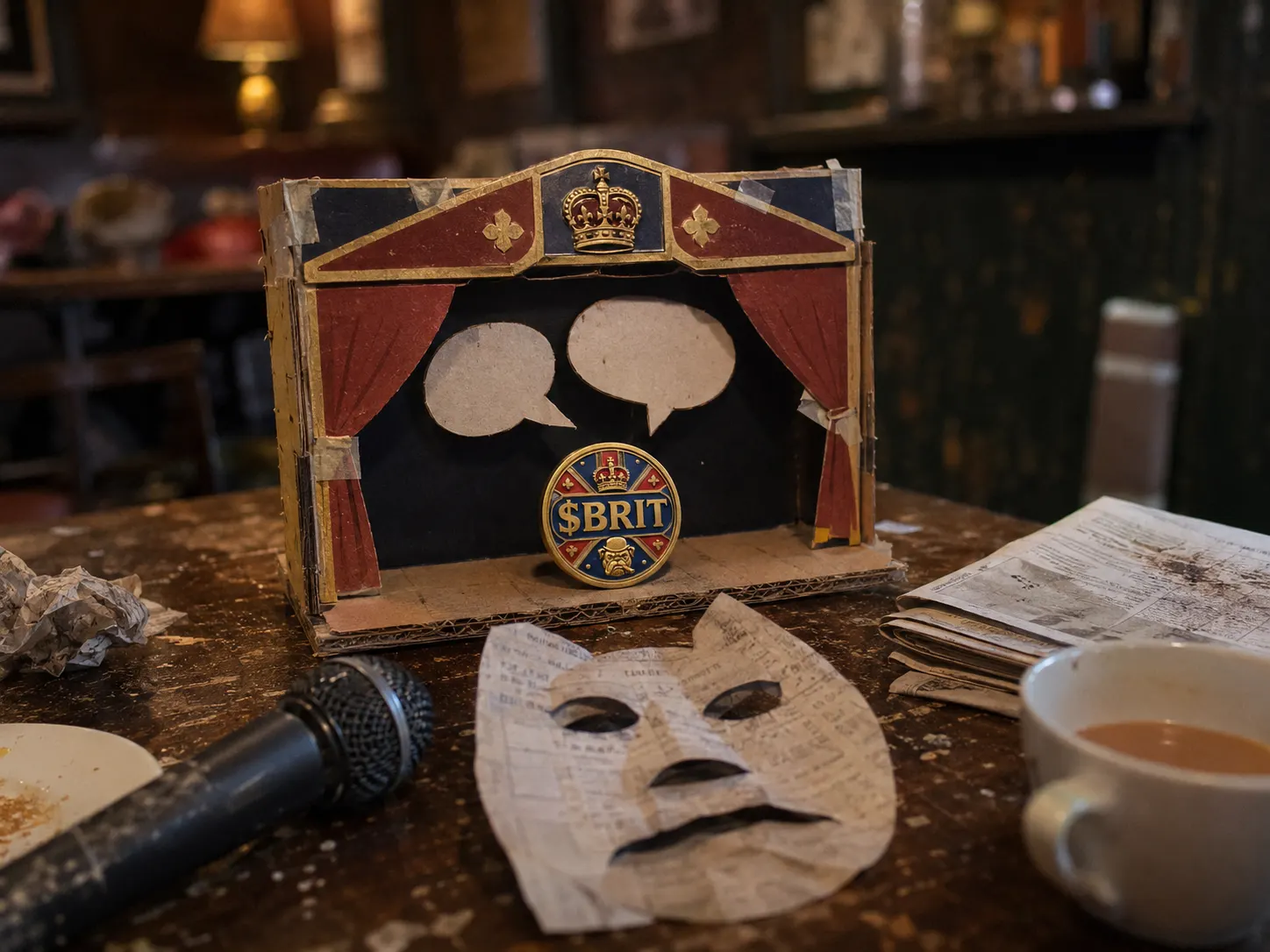 A paper theatre mask with British red and navy accents