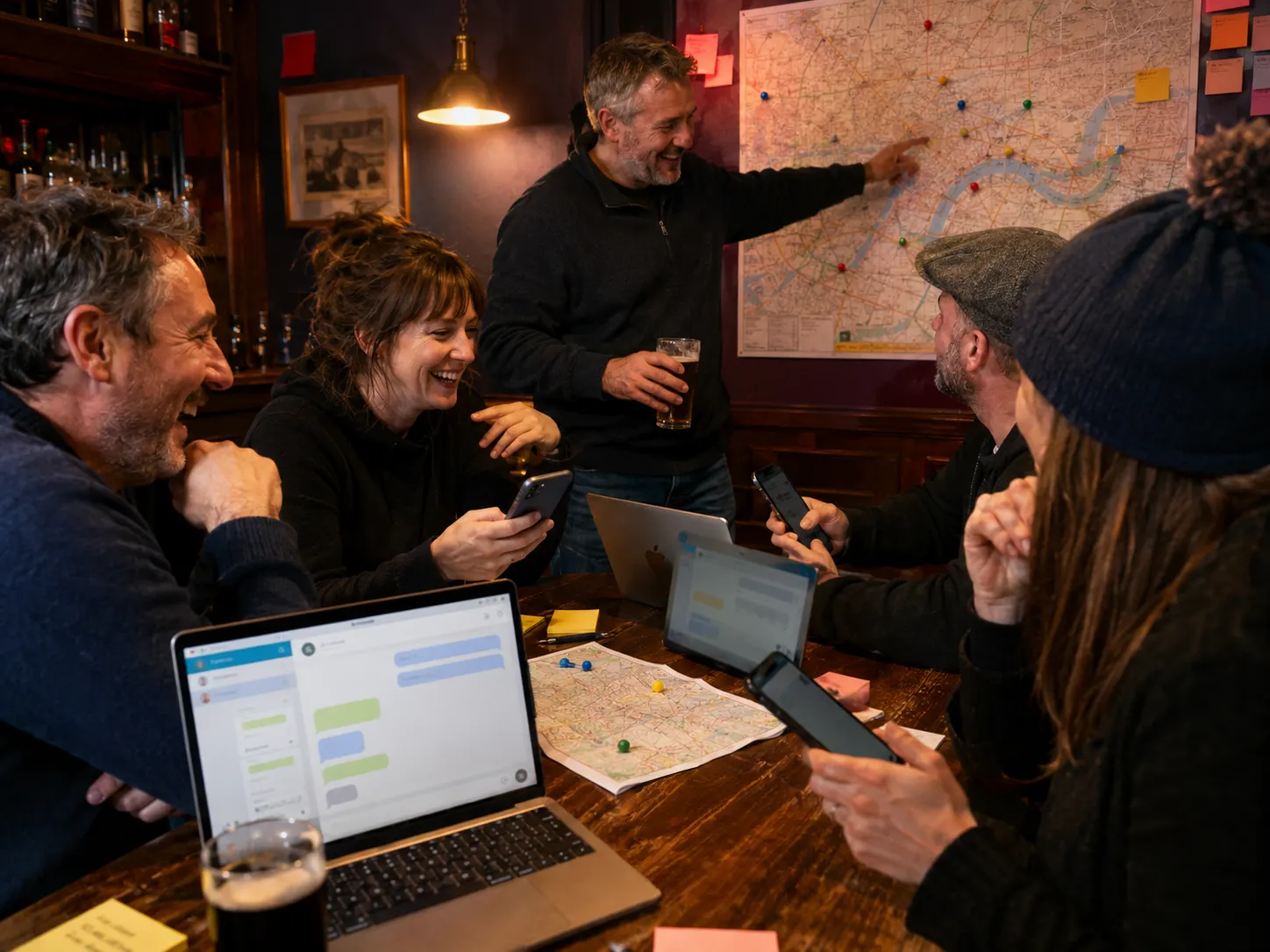 Community organisers coordinating a group chat around a table