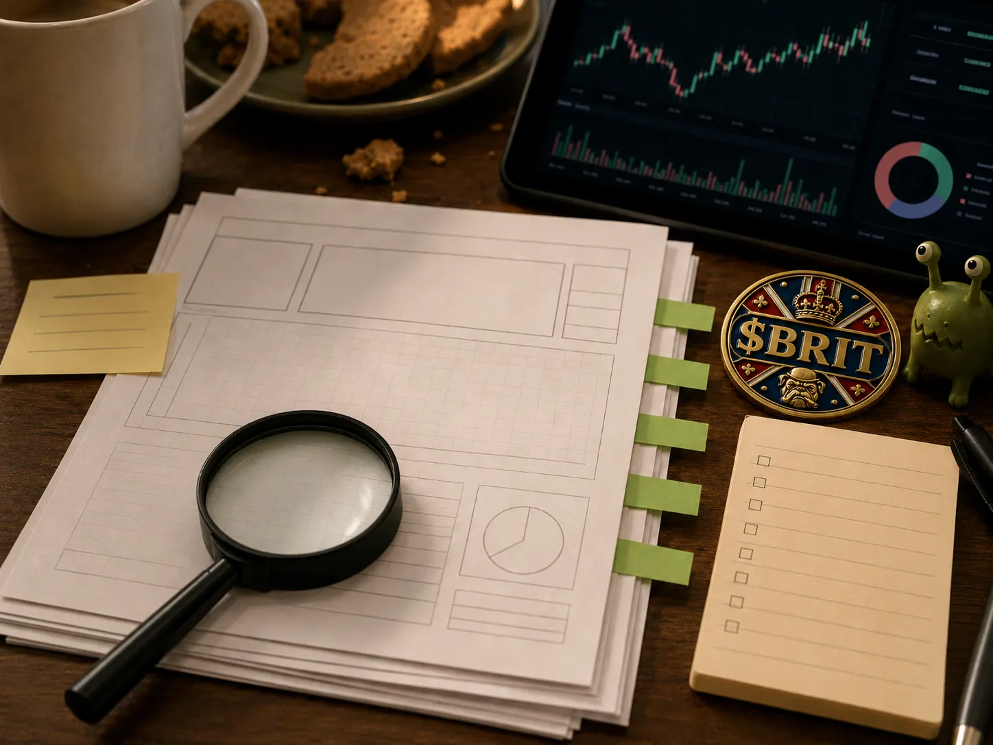 Elegant British market research desk with coin analysis papers