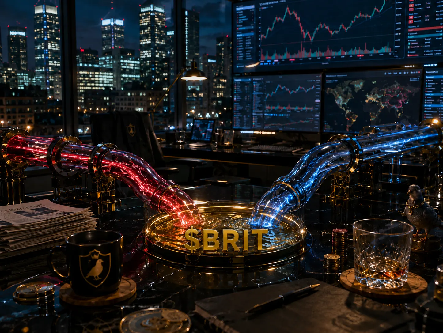 Canary Wharf trading room with luminous liquidity streams
