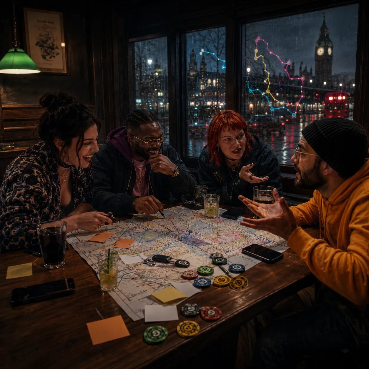 Multiplayer planning table with city map, tokens, and controller