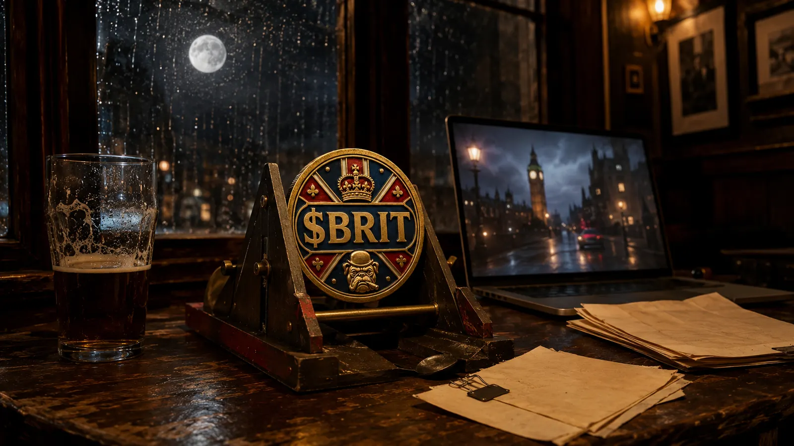 Crowned BRIT token capsule rising through a stylized night sky