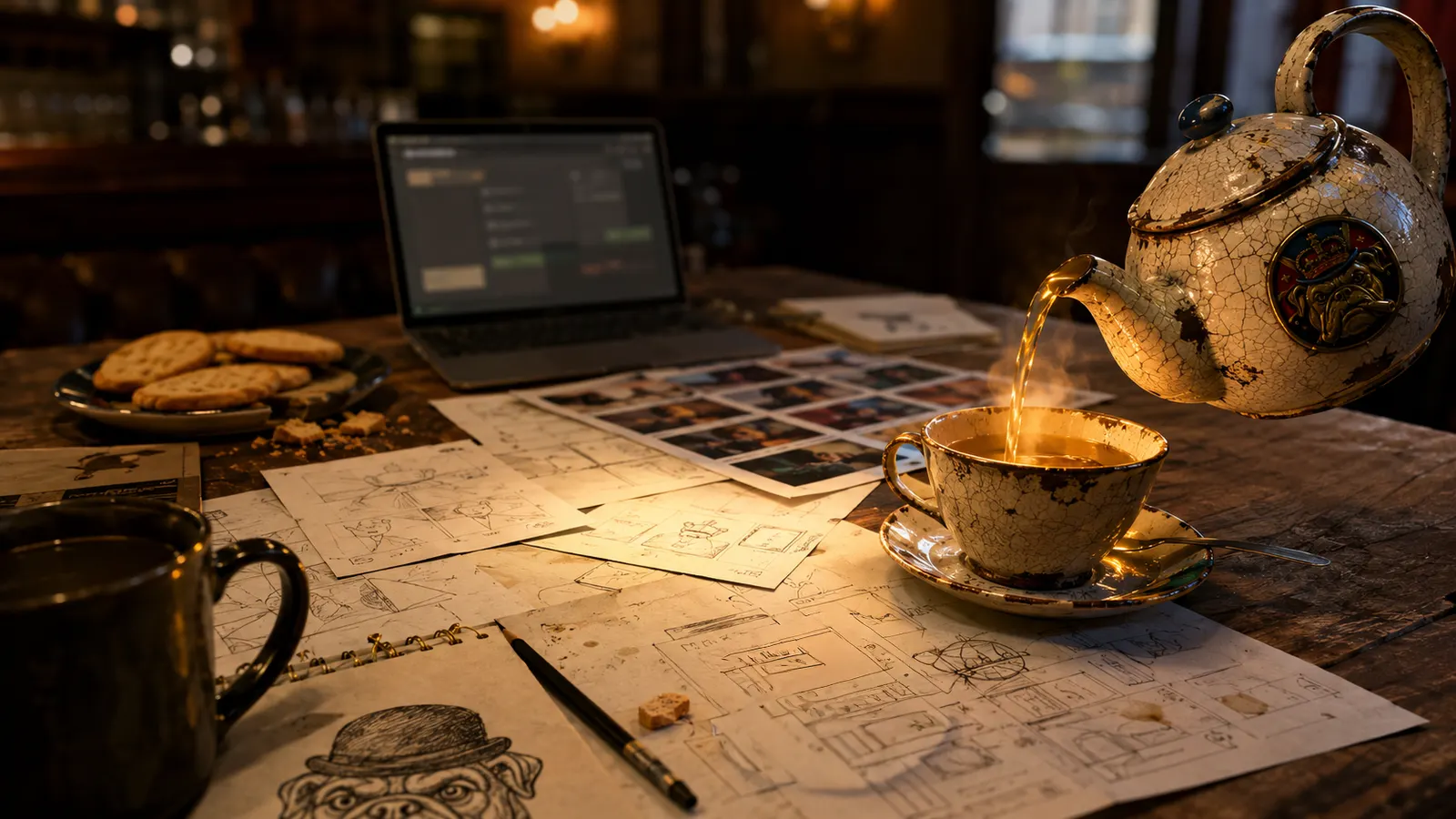 Teapot pouring golden light into connected growth cups