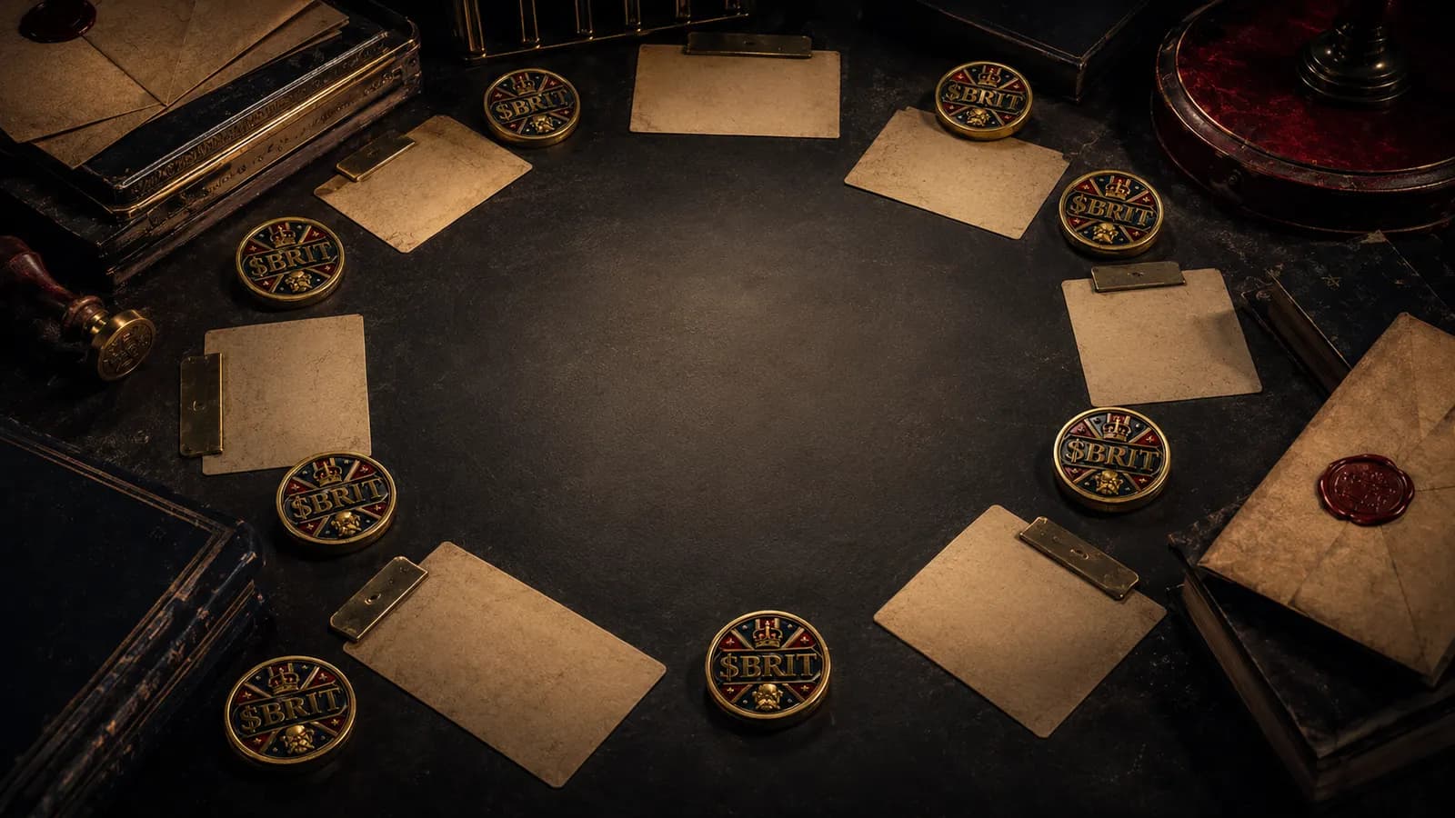 Treasury ledger and token stacks arranged around an allocation ring