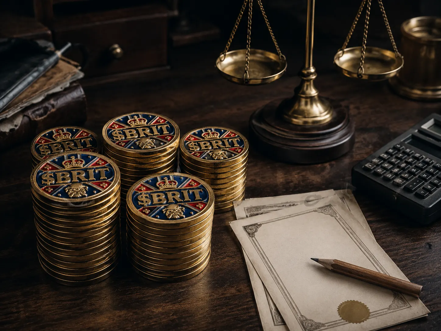 Gold crown, ledger, and token stacks on a private-bank desk